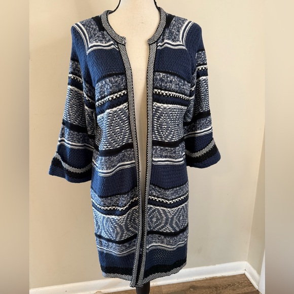 Hannah Sweaters - Hannah blue white long line open front knit cardigan SZ M